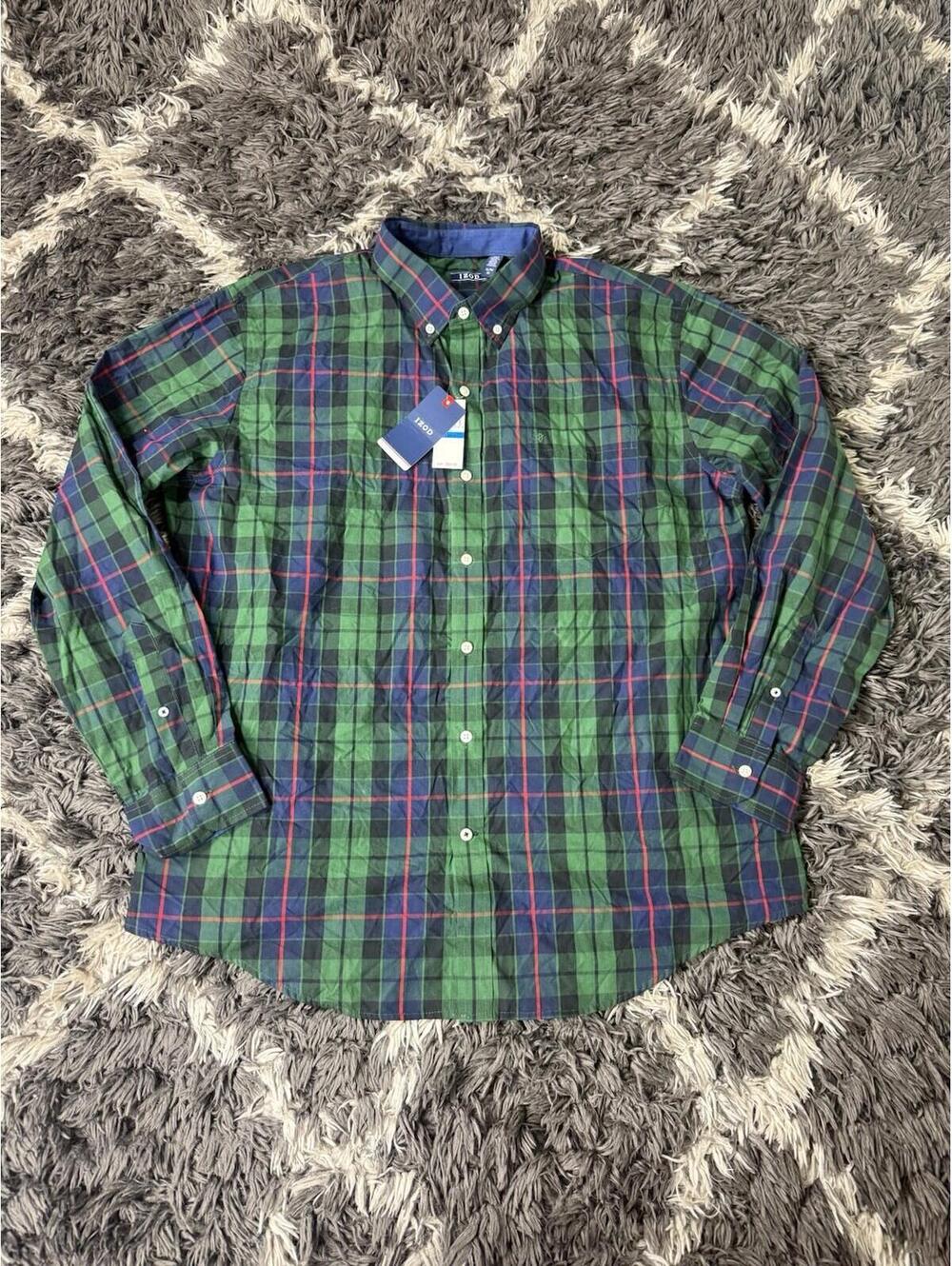 NWT IZOD Button Down Shirt Mens XL Extra Large Green Plaid Flannel Tartan Casual